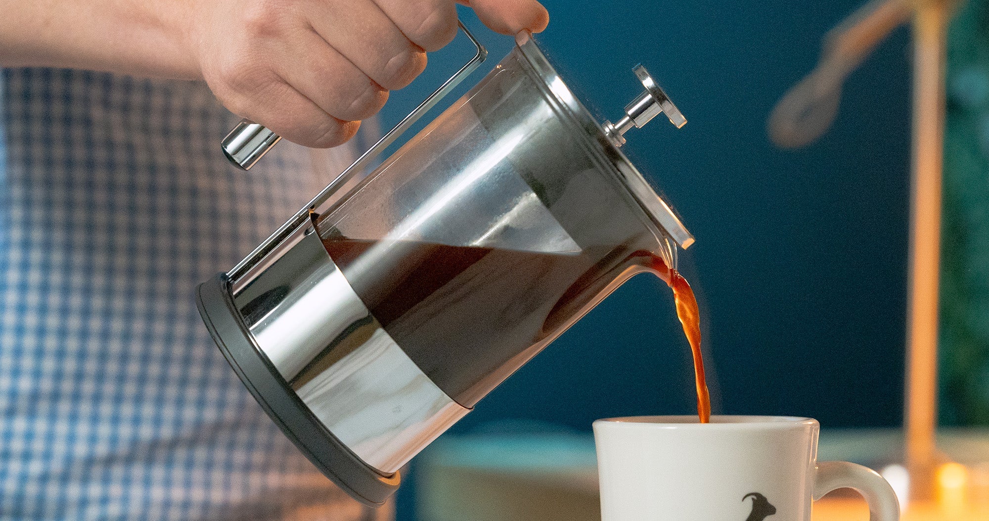 French Press next to Gooseneck Kettle and bag of 700 blend