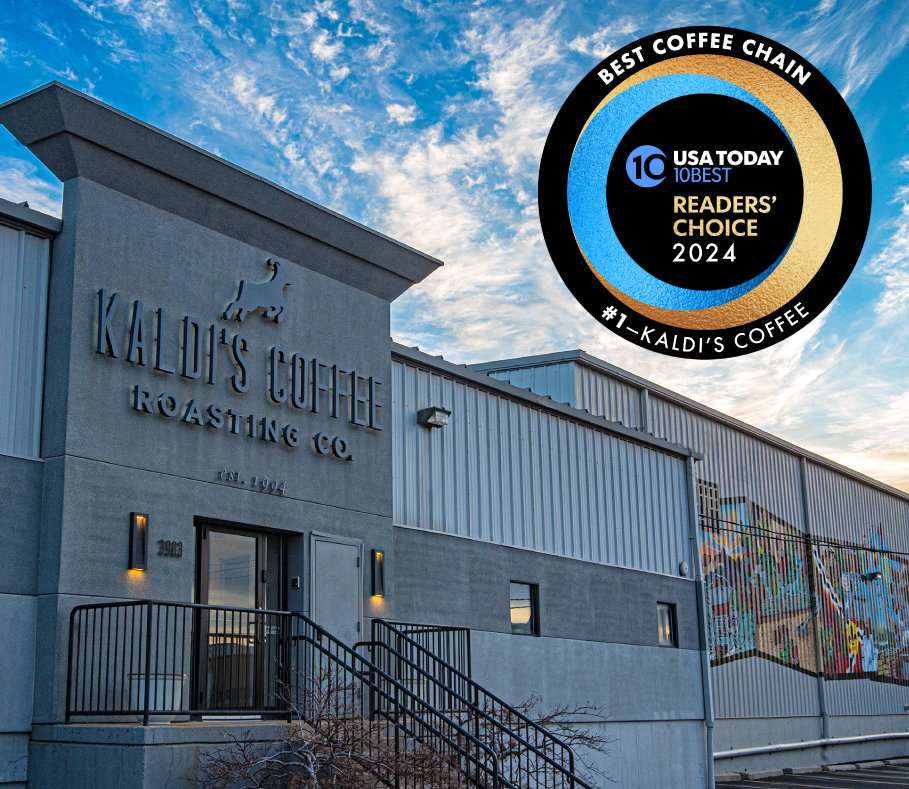 Front of Kaldi's Coffee roastery location. USA today 10 best reader's choice 2024 Best Coffee Chain #1 - Kaldi's coffee