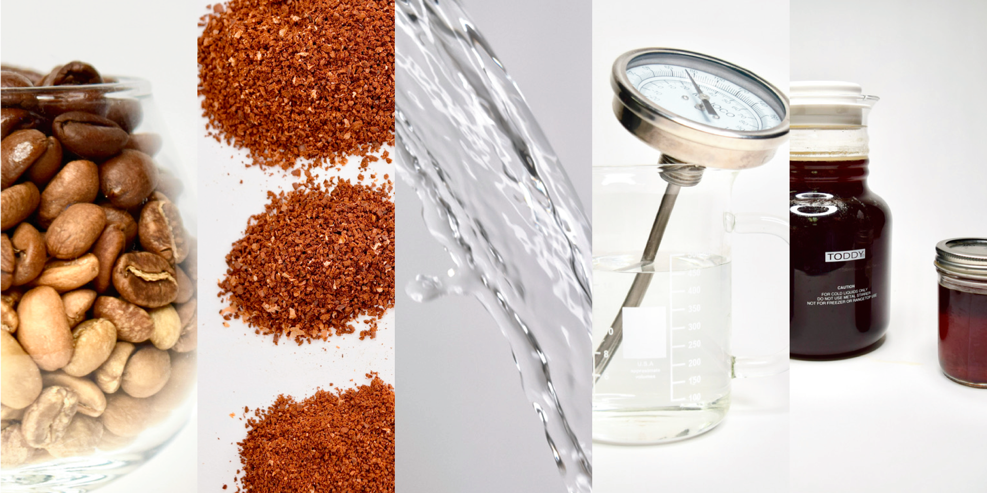 Roasted coffee beans, ground coffee, water pouring, water temperature, and air