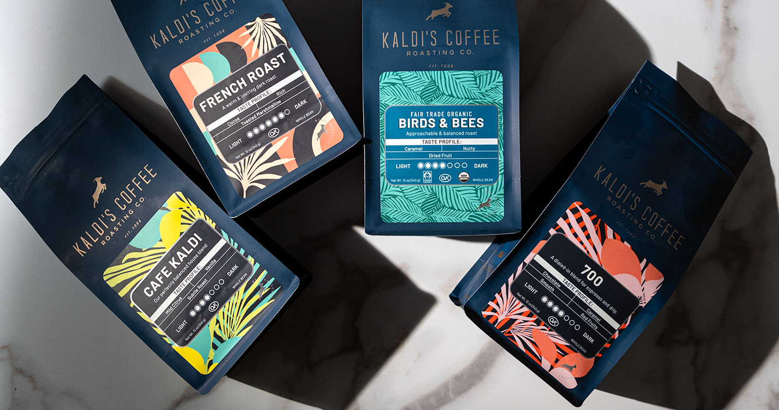 4 new navy blue Kaldi's Coffee blend bags