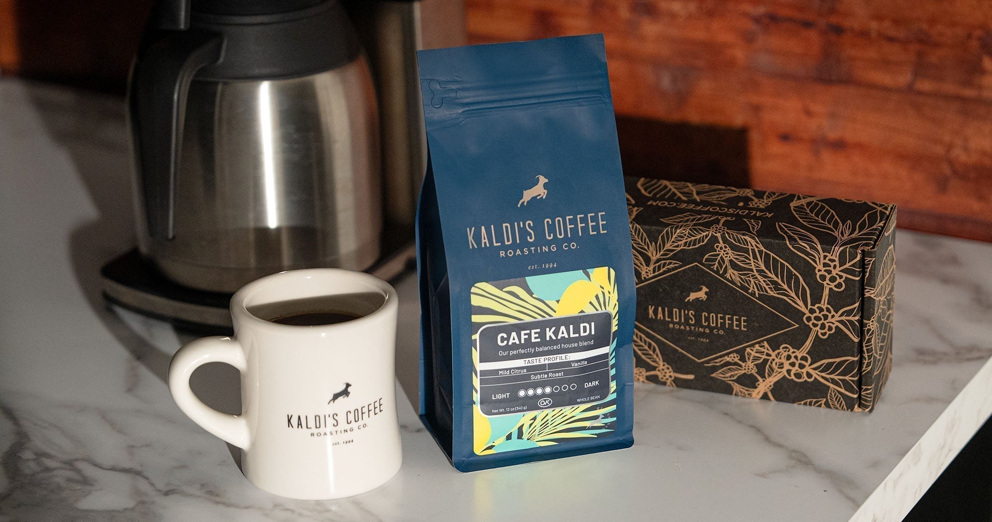 Cafe Kaldi on a Kitchen Counter with Subscription box