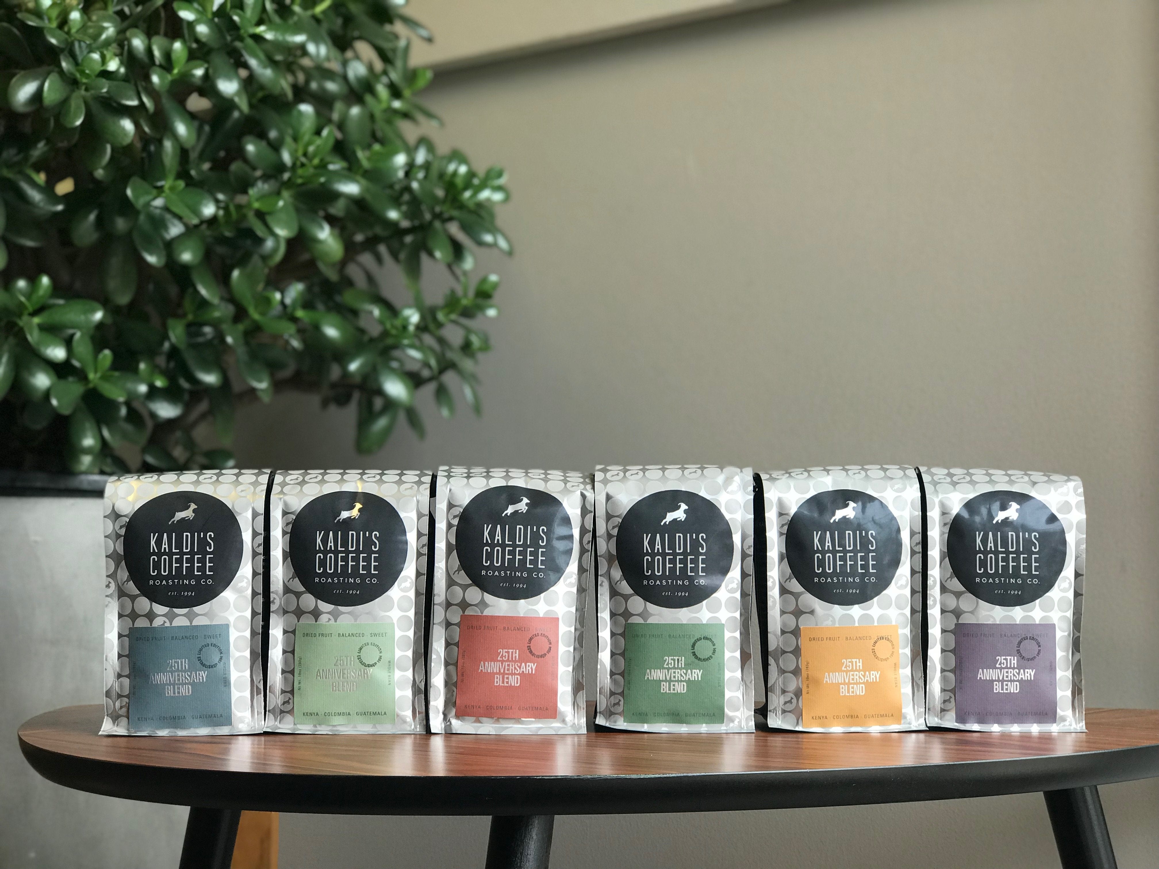 Bags of 25th Anniversary Coffee Blend Lined Up