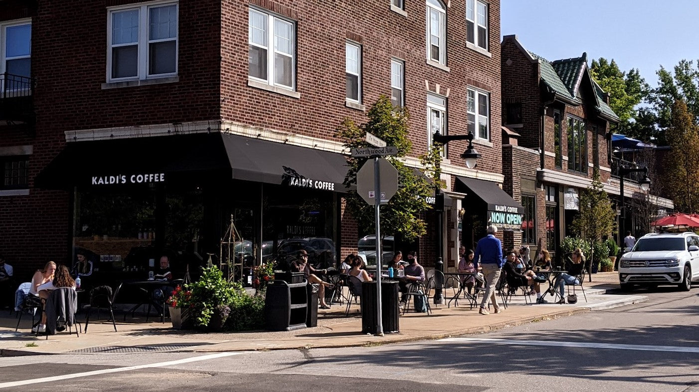 The outside of our flagship coffee shop on DeMun Avenue in Clayton, MO