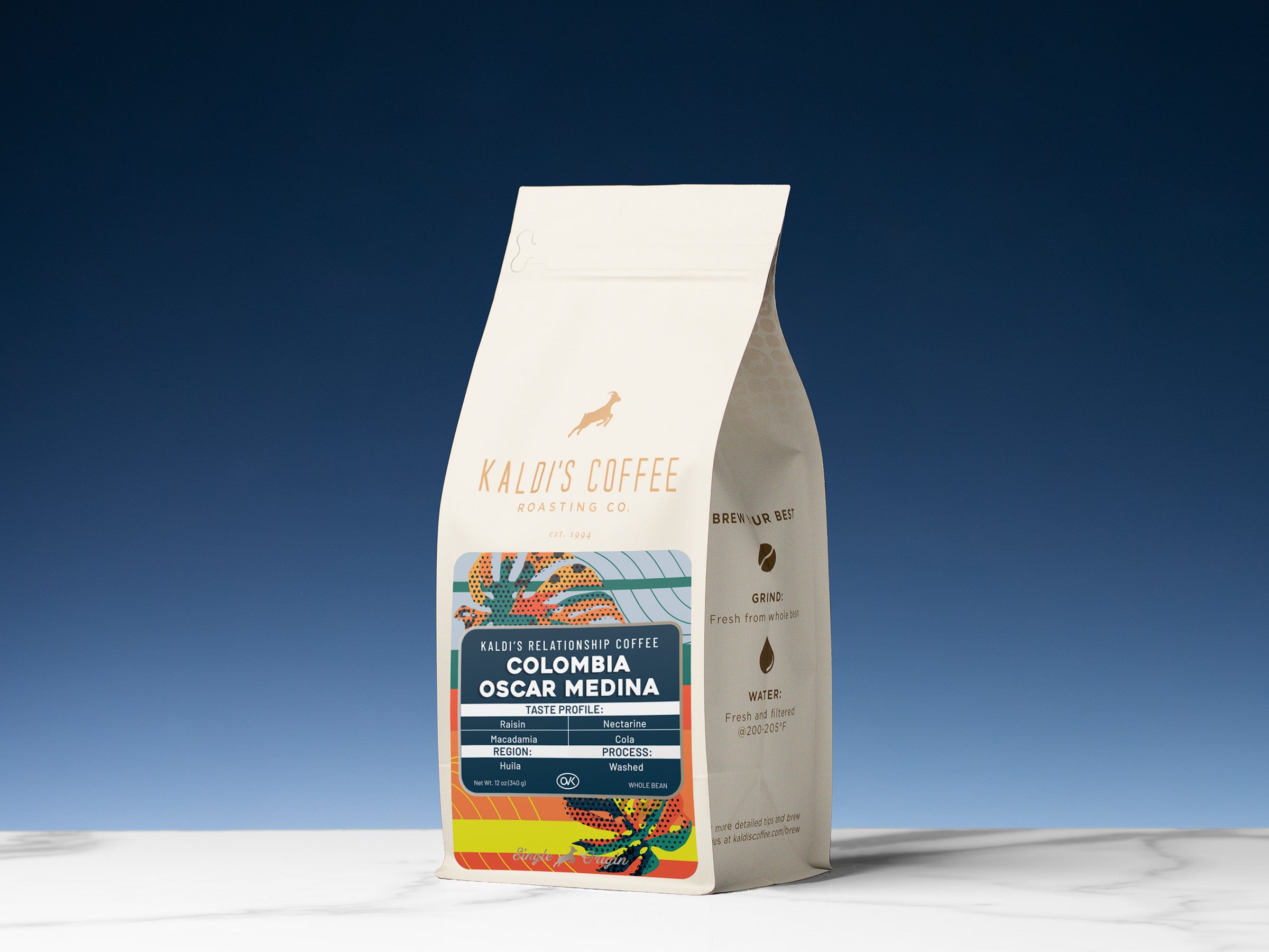 Kaldi's Coffee bag with 'Colombia Oscar Medina' on a blue background