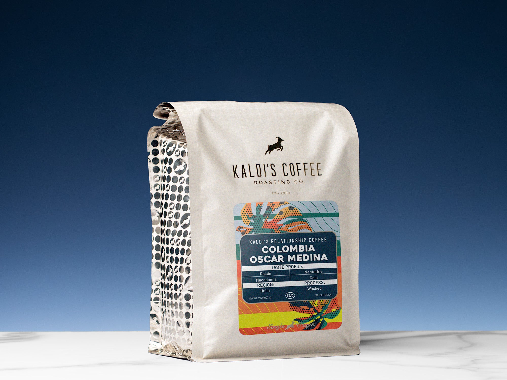 Kaldi's Coffee Roasting Co. 2 pound coffee bag on a blue background