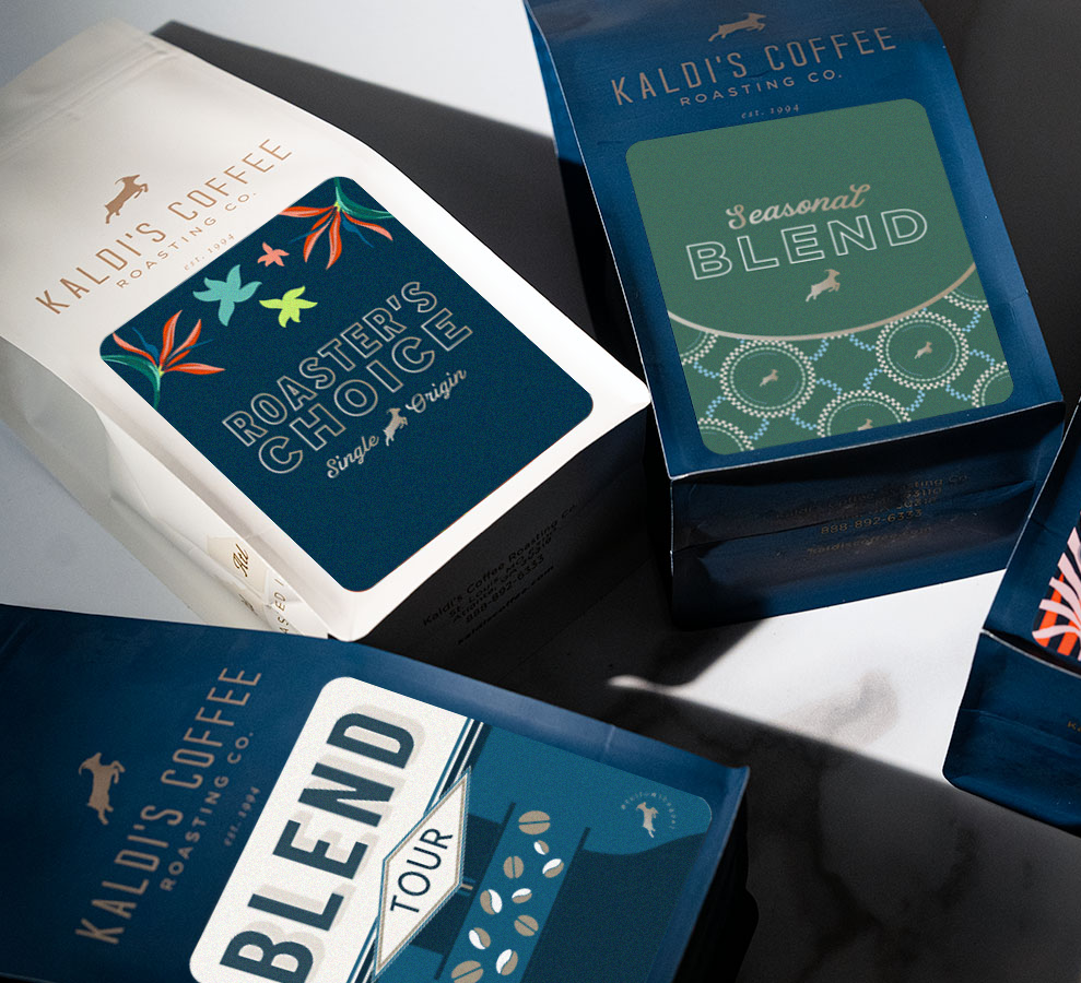 Kaldi's Coffee Roasting Co. packaging on a reflective surface