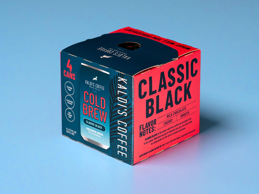 A 4 pack of cold cans on a blue background