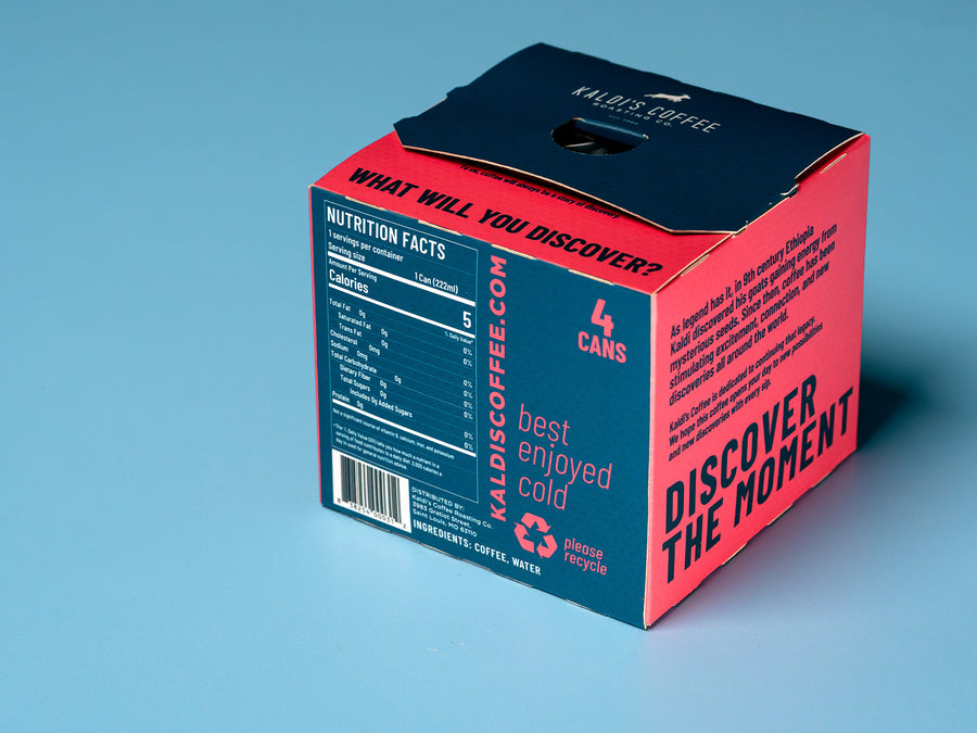 The rear of a 4pack carton of coffee cans, displaying nutrition facts