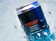 A dark blue can of Kaldi's Classic Black Cold Brew partially submerged in ice. The can reads "Classic Black Cold Brew" and lists flavor notes.