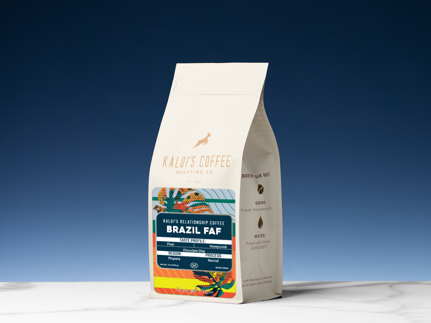 Kaldi's Coffee bag with branding and product details on a blue background