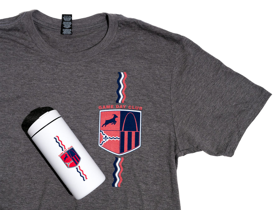 The Game Day Club Tumbler Bundle - White Miir Tumbler on top of gray t-shirt