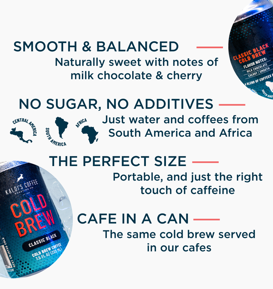 A marketing graphic for Kaldi's Cold Brew Classic Black, featuring the can partially visible in the bottom left and top right, with text highlighting its flavor profile, natural ingredients, portable size, and cafe-quality.