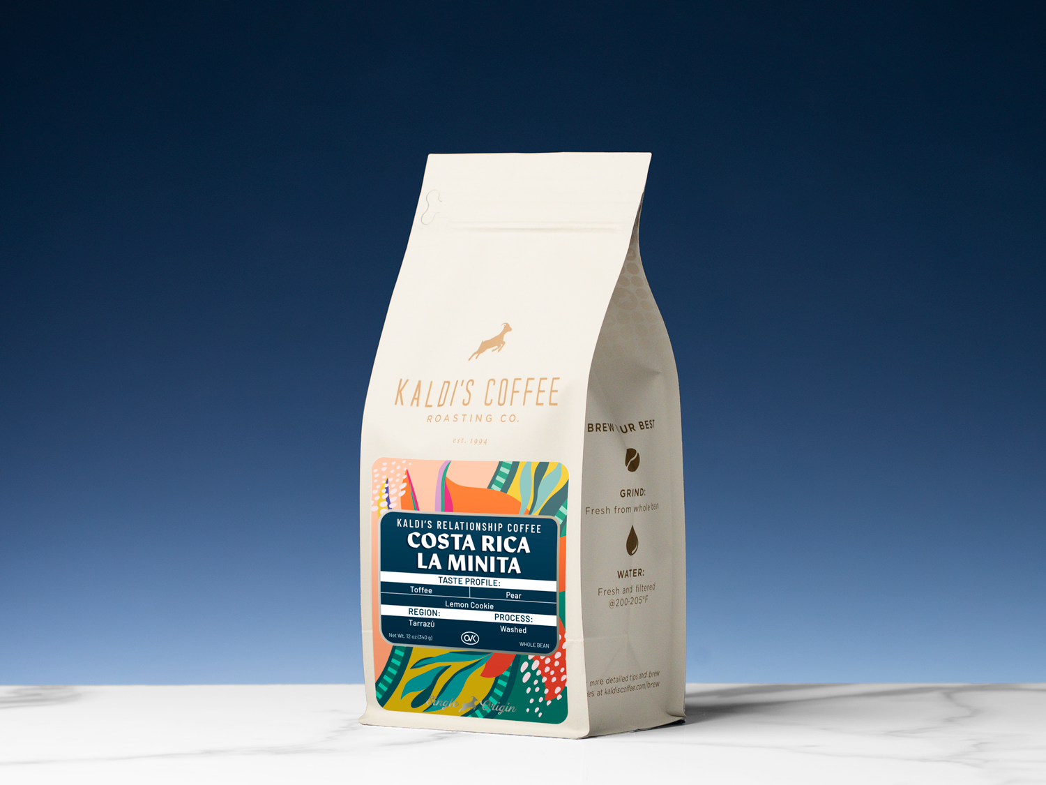 Kaldi's Coffee Costa Rica La Minita coffee bag on a blue gradient background