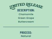 Text on a green background describing a limited release product with flavors and process details.