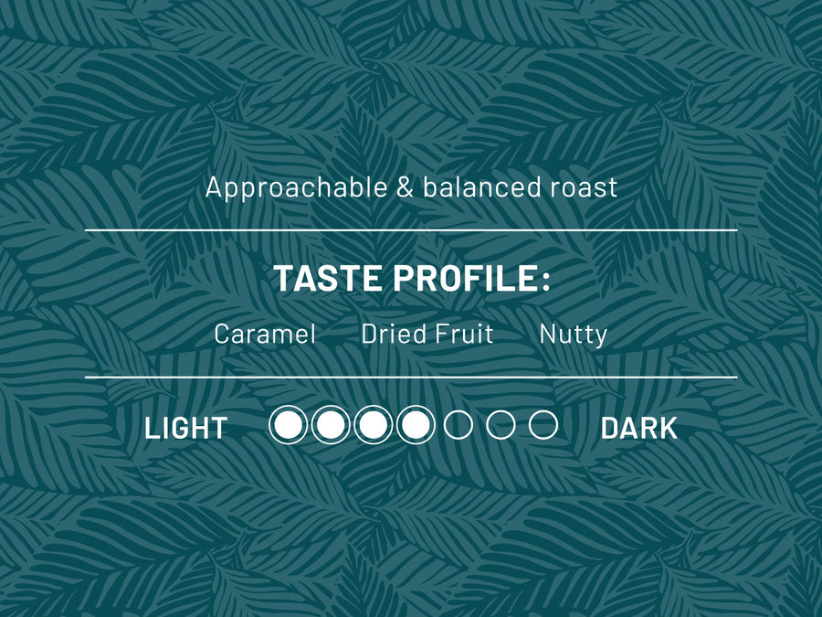 Approachable & balanced roast. Taste profile: Caramel, Dried Fruit, Nutty. Roast level 4 out of 7