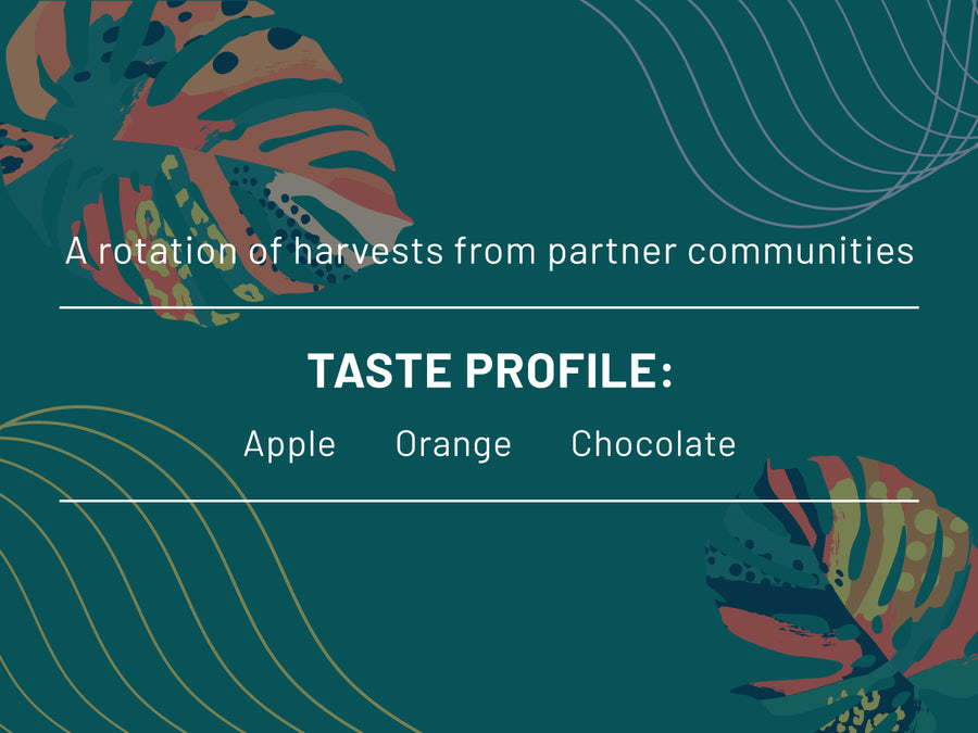 A rotation of harvests from partner communities. Taste profile: Apple, Orange, Chocolate 