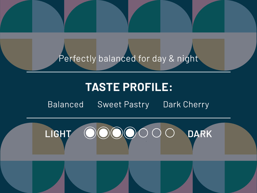 Perfectly balanced for day & night. Taste profile: Balanced, Sweet Pastry, Dark Cherry. Roast level 4 out of 7