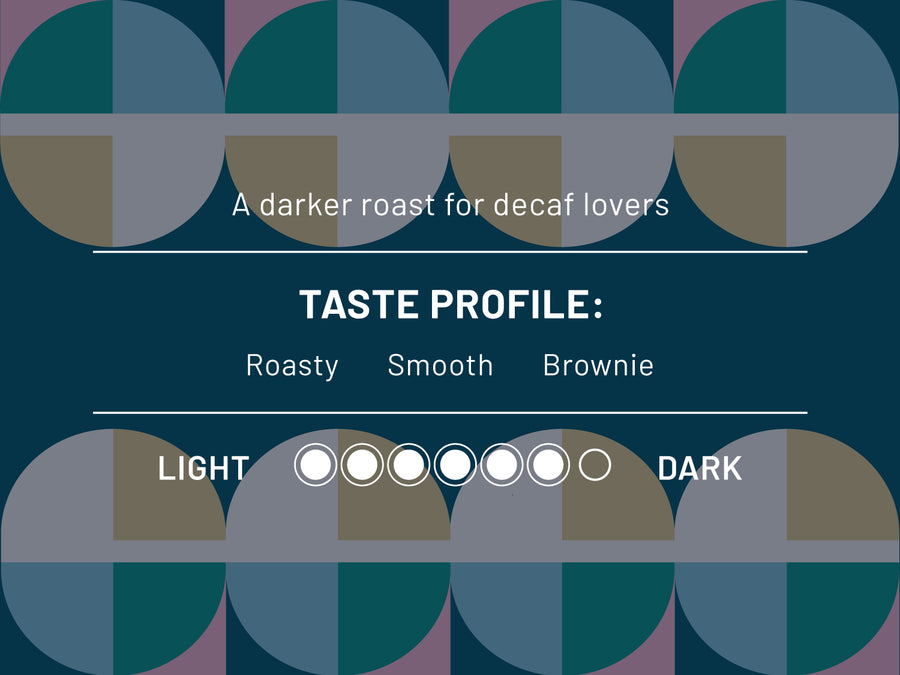A darker roast for decaf lovers. Taste profile: Roasty, Smooth, Brownie. Roast level 6 out of 7