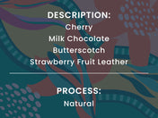 Text listing chocolate flavors and process on a colorful abstract background