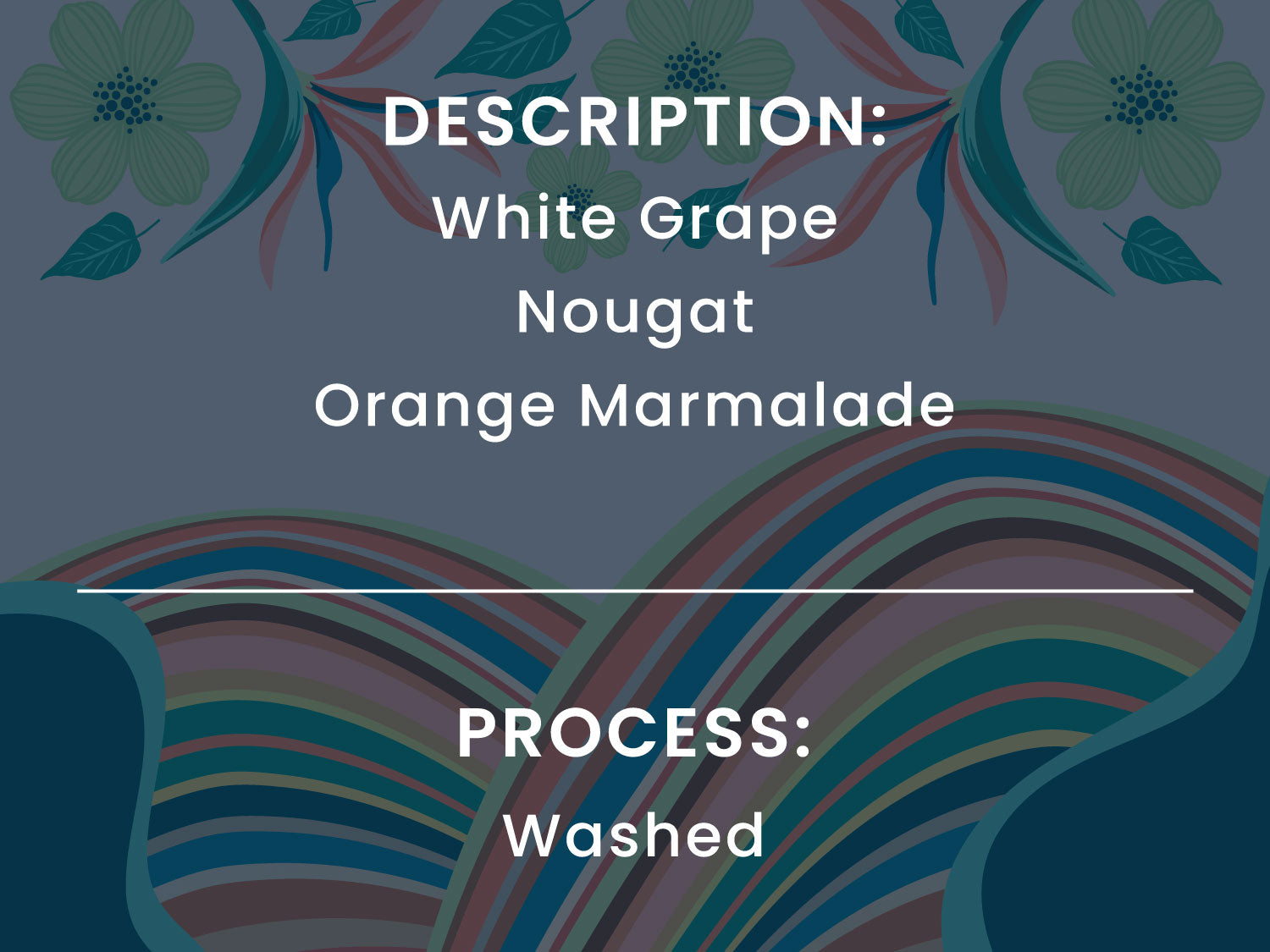 Text on a dark background with floral elements and product description.