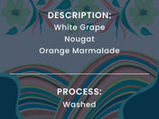 Text on a dark background with floral elements and product description.