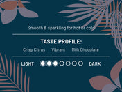 Smooth & Sparkling for hot or cold. Taste profile: Crisp Citrus, Vibrant, Milk Chocolate. Roast level 3 out of 7