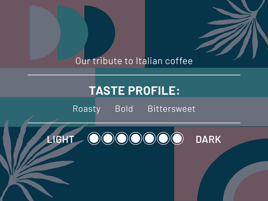 Our tribute to Italian coffee. Taste profile: Roasty, Bold, BIttersweet. Roast level 7 out of 7