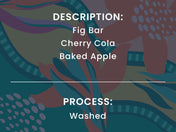 Text overlay on a colorful abstract background with product descriptions and process details. Description: Fig bar, cherry cola, baked apple. Process: Washed.