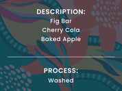 Text overlay on a colorful abstract background with product descriptions and process details. Description: Fig bar, cherry cola, baked apple. Process: Washed.