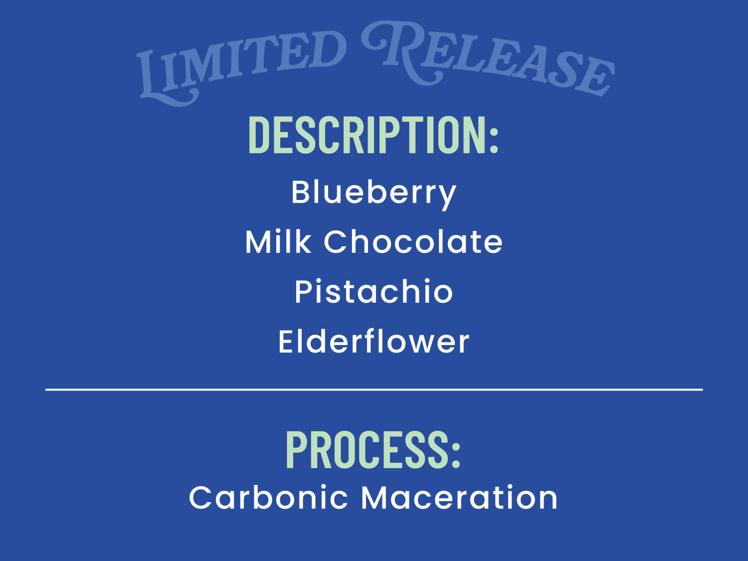 Text on a blue background describing limited release products with flavor and process details.