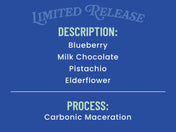Text on a blue background describing limited release products with flavor and process details.