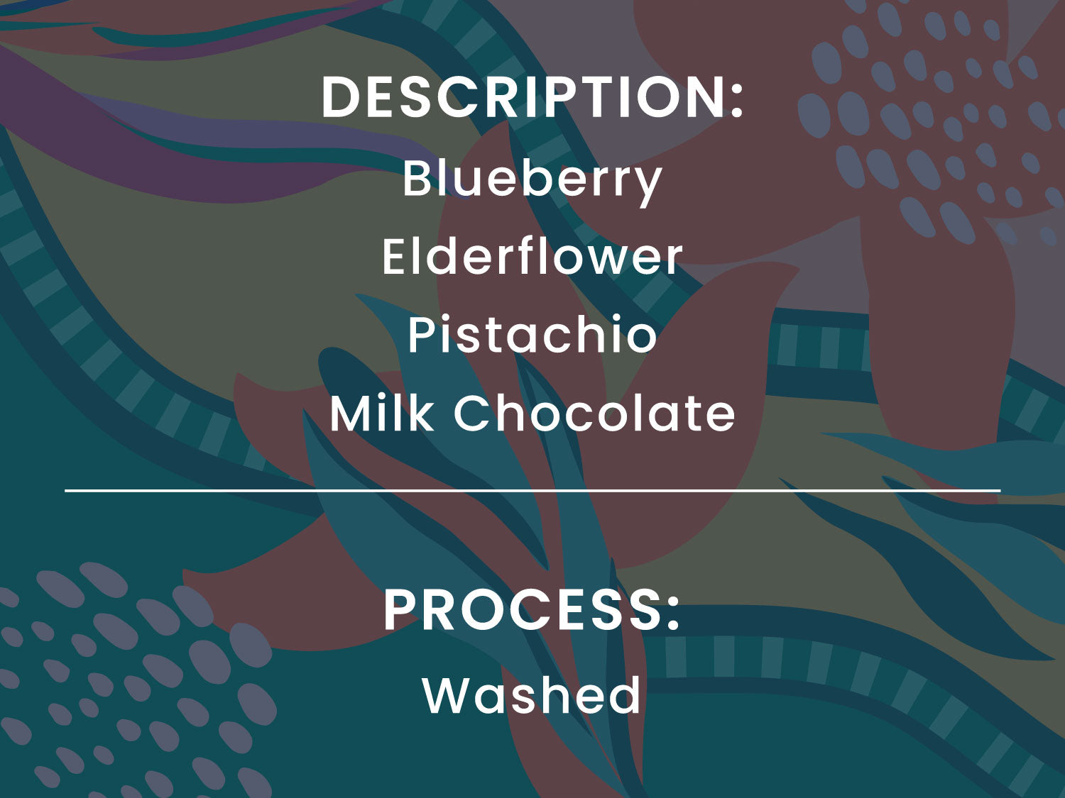 Text listing blueberry, elderflower, pistachio, milk chocolate flavors with a dark background.