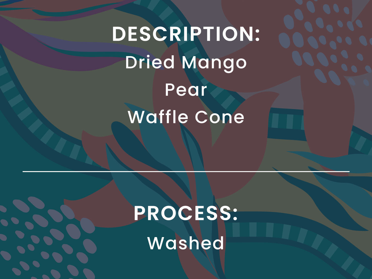 Dried mango pear waffle cone with text describing the product and washing process.