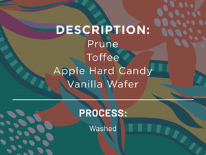 Description: Prune, Toffee, Apple Hard Candy, Vanilla Wafer. Process: Washed