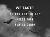 Text listing candy flavors with bats and smoke on a dark background