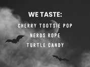 Text listing candy flavors with bats and smoke on a dark background
