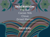 DESCRIPTION: FIG BAR, CACAO NIB, CLOVE, DRIED MANGO. PROCESS: WET HULLED