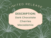 description card with graphic and text reading "dark chocolate, cherries, macadamia"