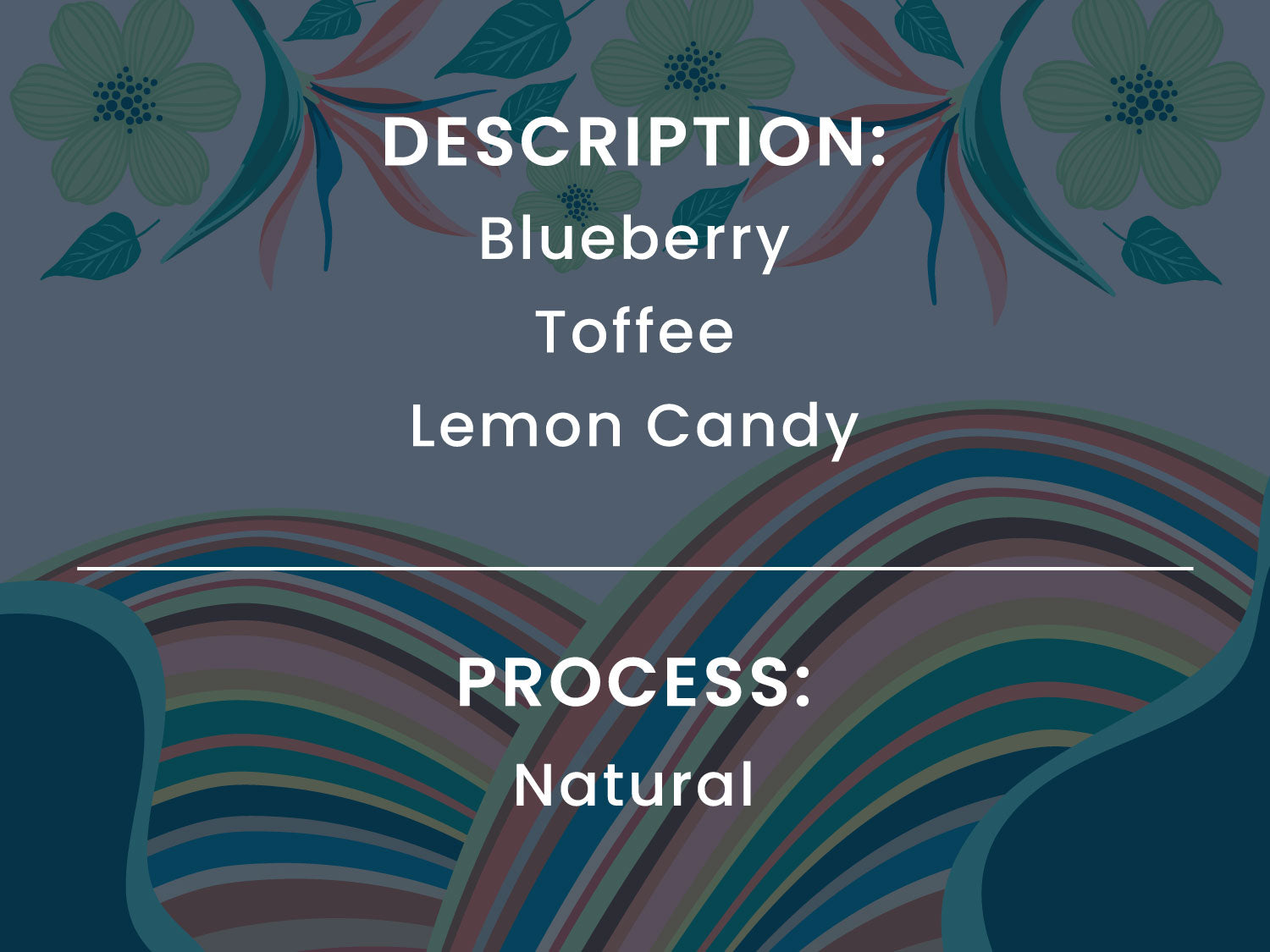 Text indicating blueberry toffee lemon candy with floral design on a dark background