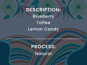 Text indicating blueberry toffee lemon candy with floral design on a dark background