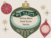 Decorative label with Christmas ornaments and text on a beige background