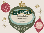 Decorative label with Christmas ornaments and text on a beige background