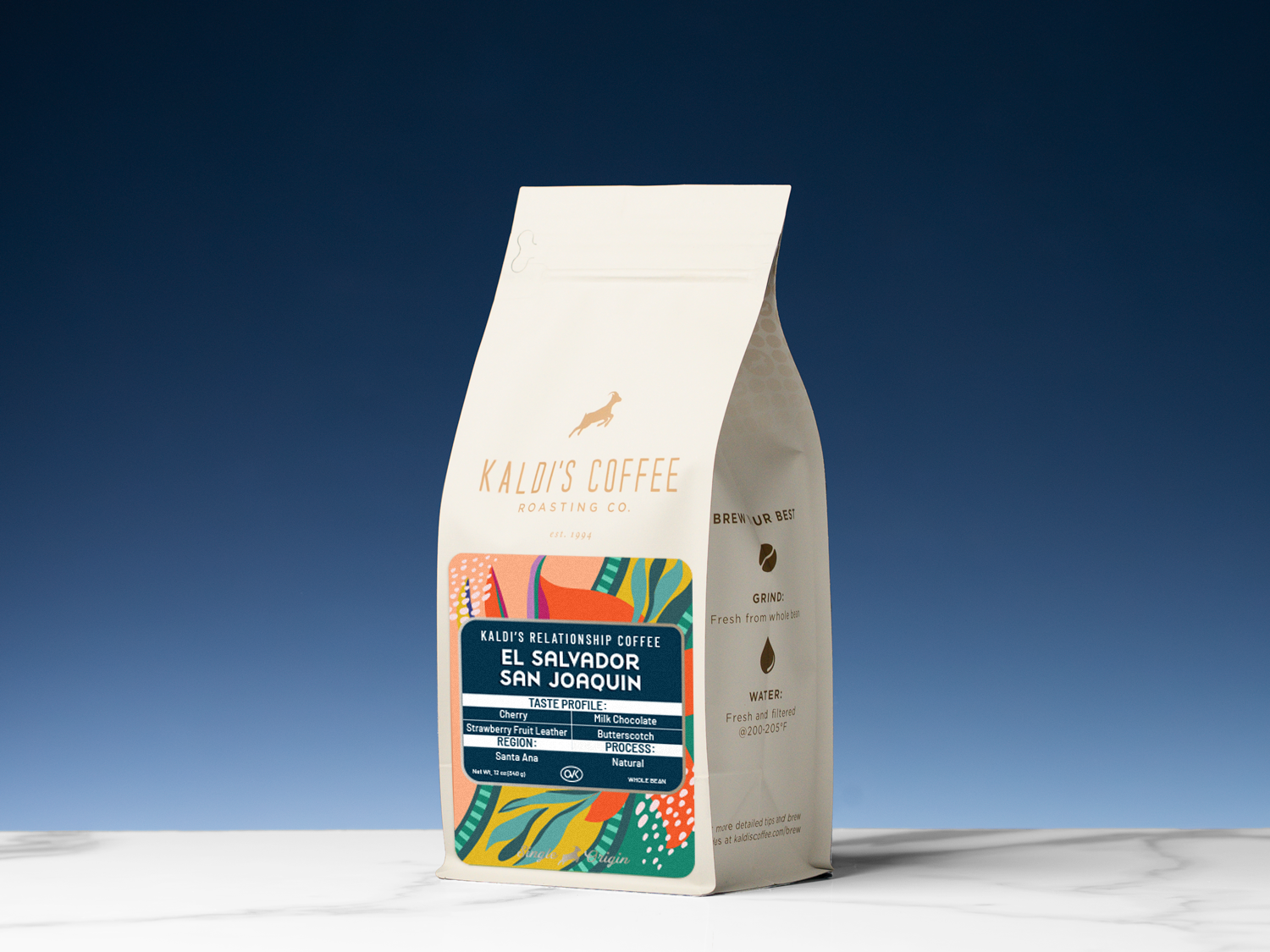 Kaldi's Coffee bag with a blue gradient background