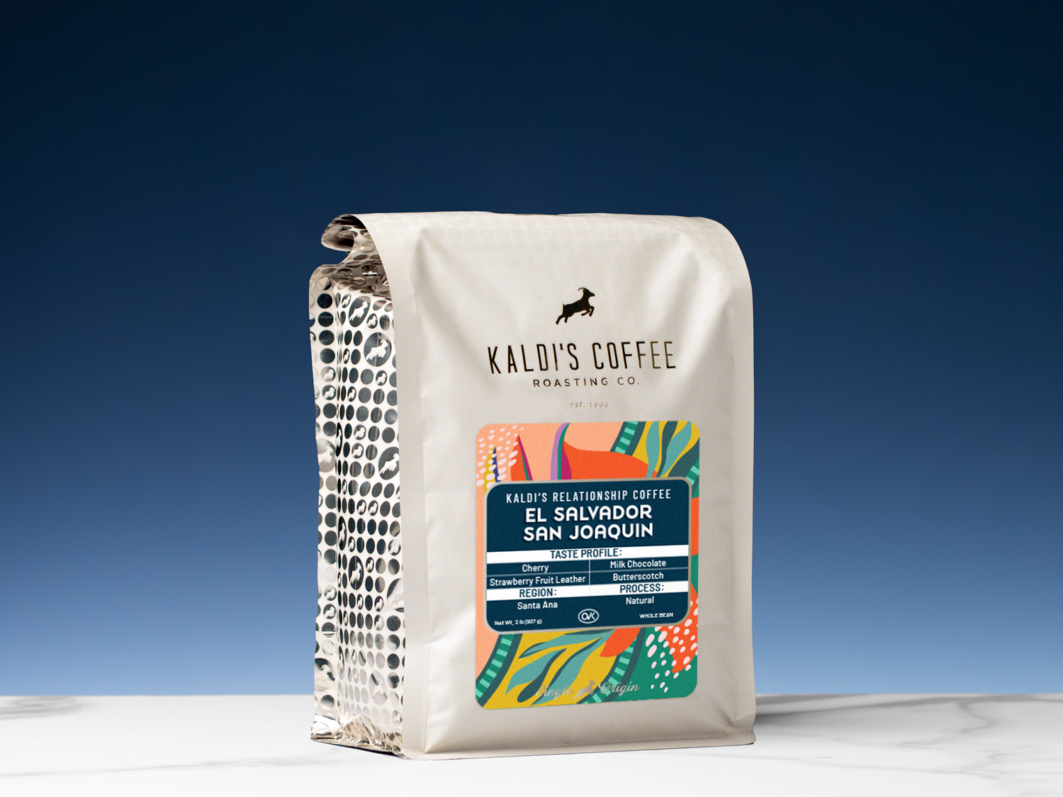 Kaldi's Coffee bag with branding and product details on a blue gradient background