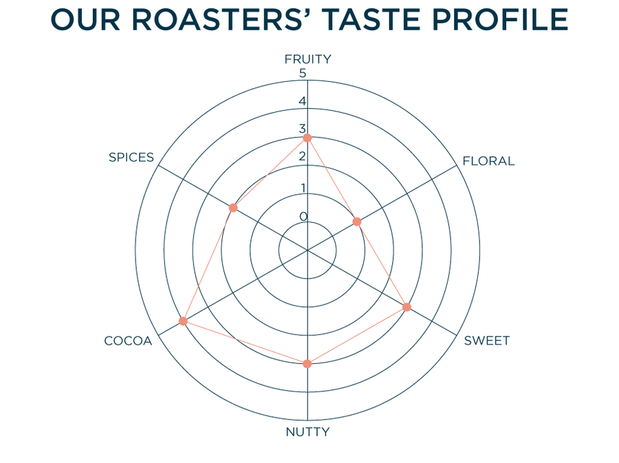 OUR ROASTERS' TASTE PROFILE: FRUITY - 3, FLORAL - 1, SWEET - 3, NUTTY - 3, COCOA - 4, SPICES - 2