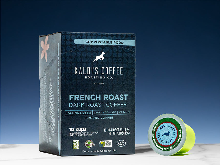 Box of Compostable French Roast Coffee Pods - 10 cups per pack