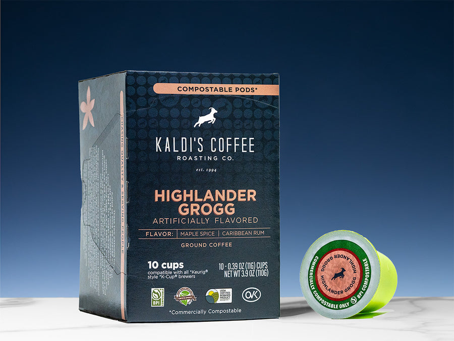 Kaldi's Coffee Compostable Highlander Grogg Coffee Pod - Compatible with K-cup type brewers