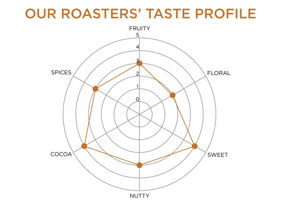 Roasters' Taste Profile: Fruity 3/5, Floral 2/5, Sweet 4/5, Nutty 3/5, Cocoa 4/5, Spices 3/5