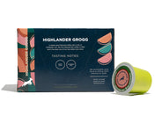 An image of Kaldi's Coffee Compostable Highlander Grogg Coffee Pod  showing the tasting note rear side of the box- Compatible with K-cup type brewers