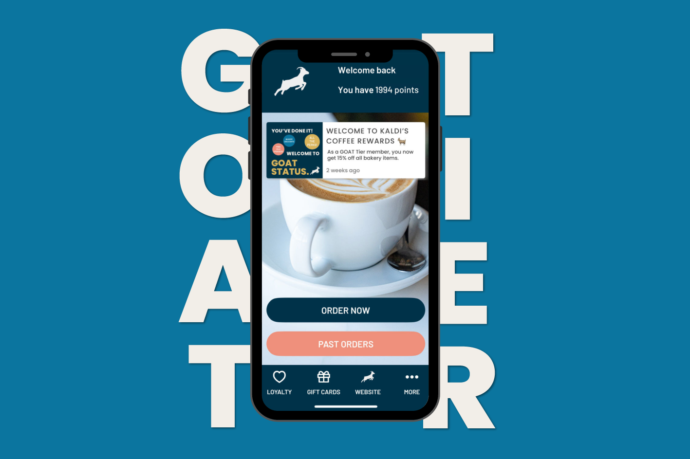 Phone screen displaying Kaldi's app interface with a blue background and large white letters.